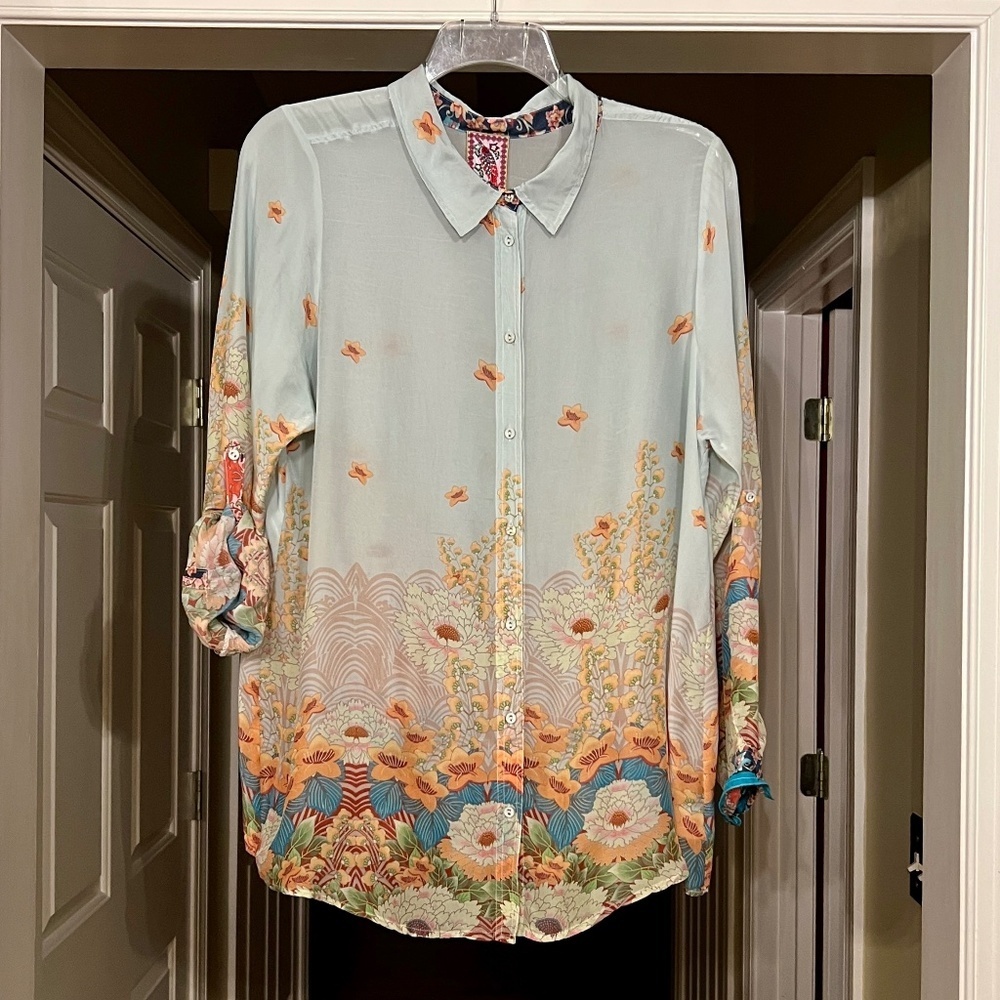 EUC Women's Johnny Was Floral Button Front Tunic Top Blouse Shirt Size XL
